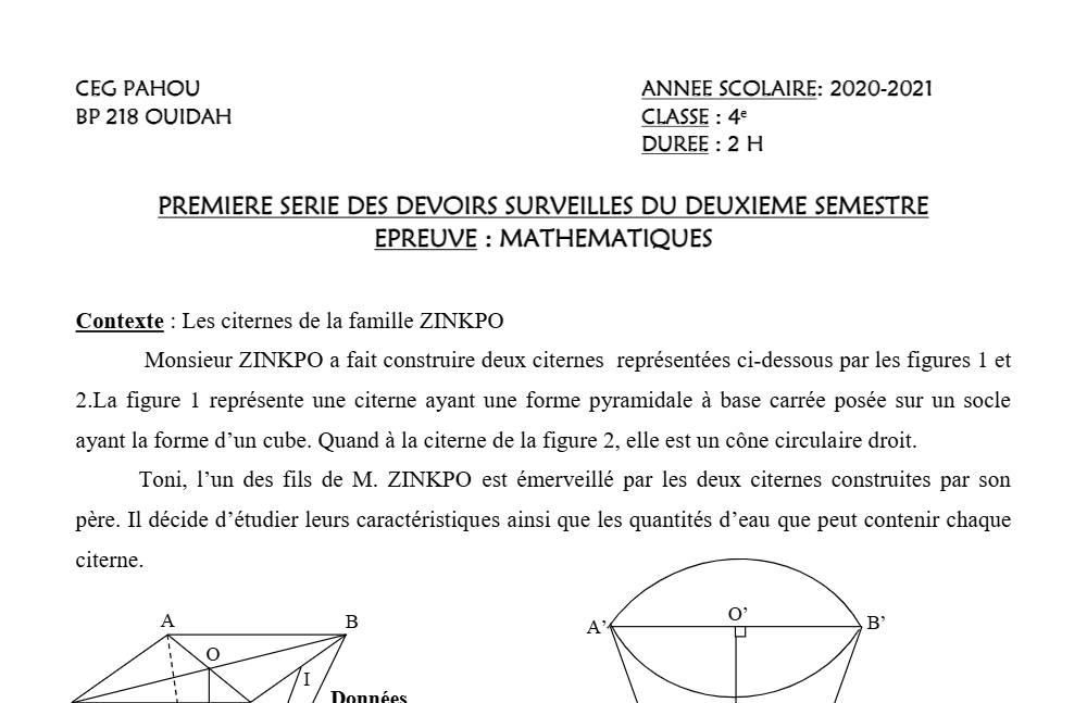 Aperçu de la première page — 4e Mathématiques 1er Devoir 2ème Semestre CEG Pahou 2020 2021