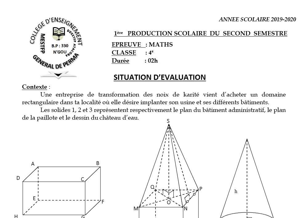 Aperçu de la première page — 4e Mathématiques 1er Devoir 2ème Semestre CEG Perma 2019 2020