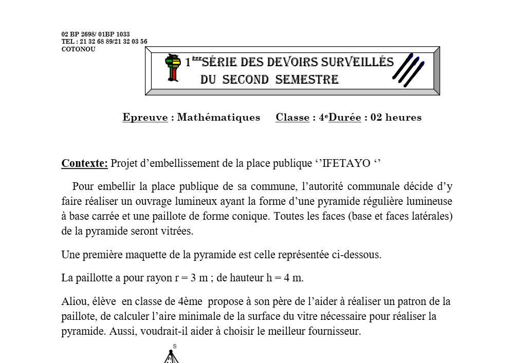 Aperçu de la première page — 4e Mathématiques 1er Devoir 2ème Semestre CEG Sainte Rita 2018 2019