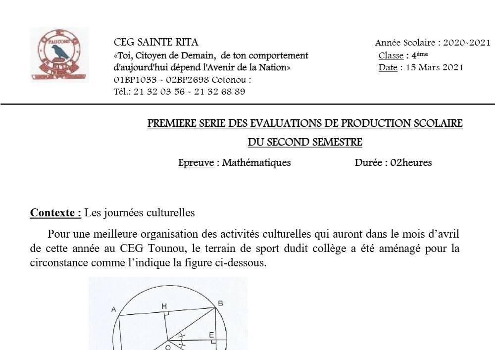 Aperçu de la première page — 4e Mathématiques 1er Devoir 2ème Semestre CEG Sainte Rita 2020 2021