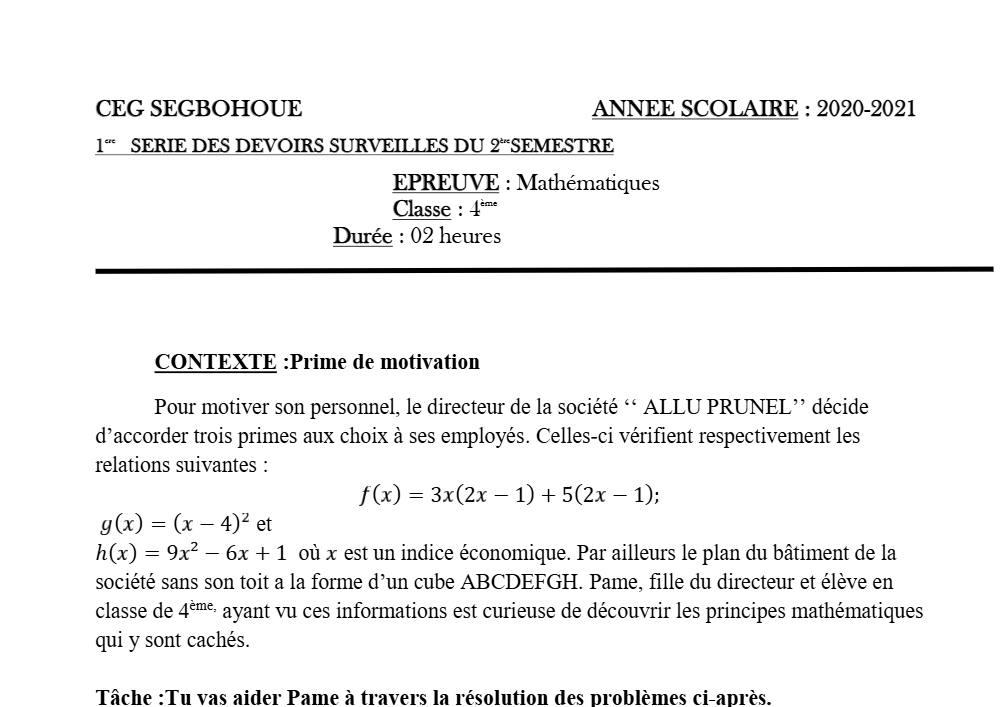 Aperçu de la première page — 4e Mathématiques 1er Devoir 2ème Semestre CEG Segbohoue 2020 2021