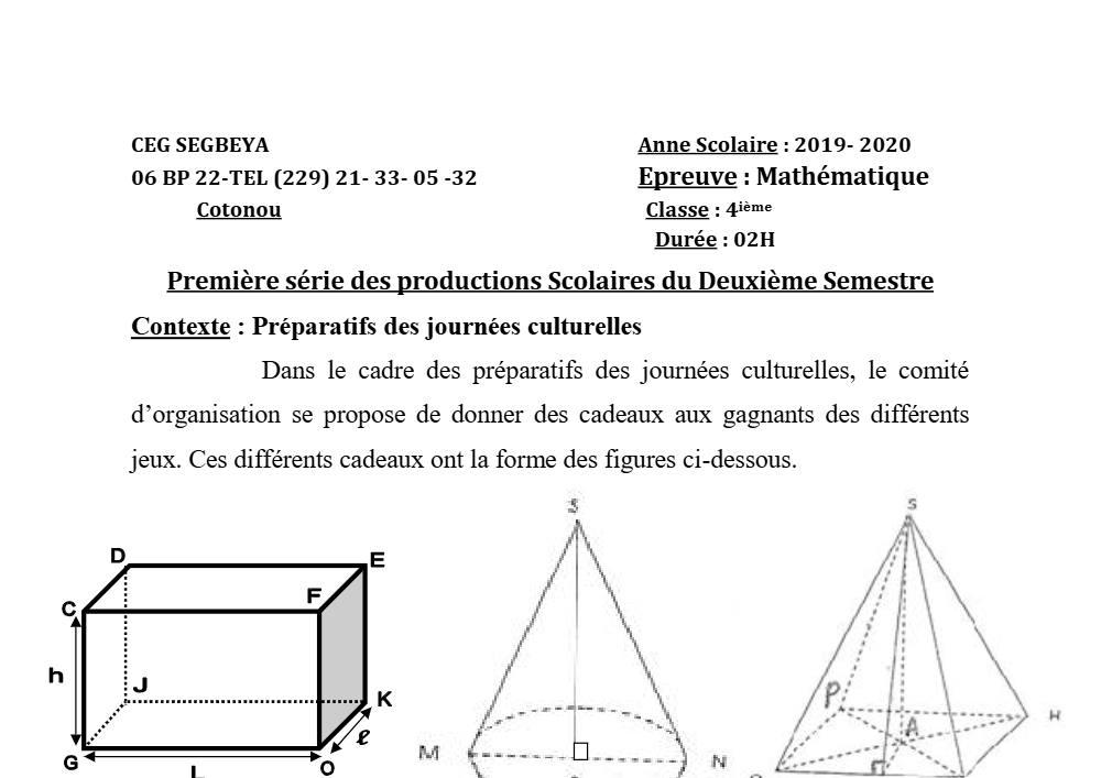 Aperçu de la première page — 4e Mathématiques 1er Devoir 2ème Semestre CEG Ségbéya 2019 2020