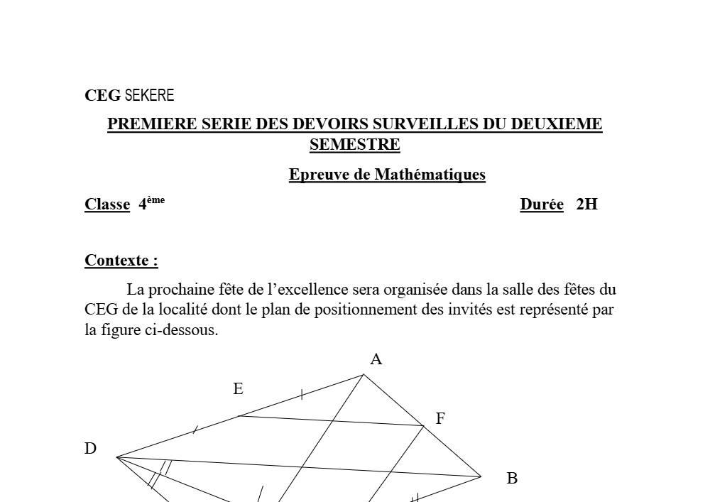 Aperçu de la première page — 4e Mathématiques 1er Devoir 2ème Semestre CEG Sékéré 2020 2021