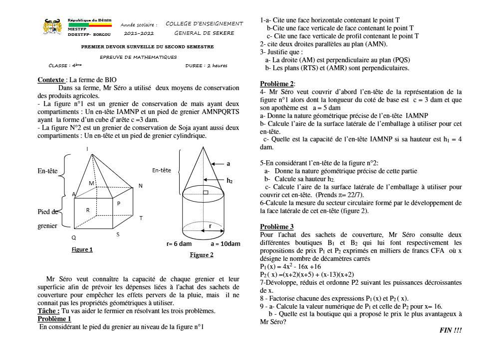 Aperçu de la première page — 4e Mathématiques 1er Devoir 2ème Semestre CEG Sékéré 2021 2022