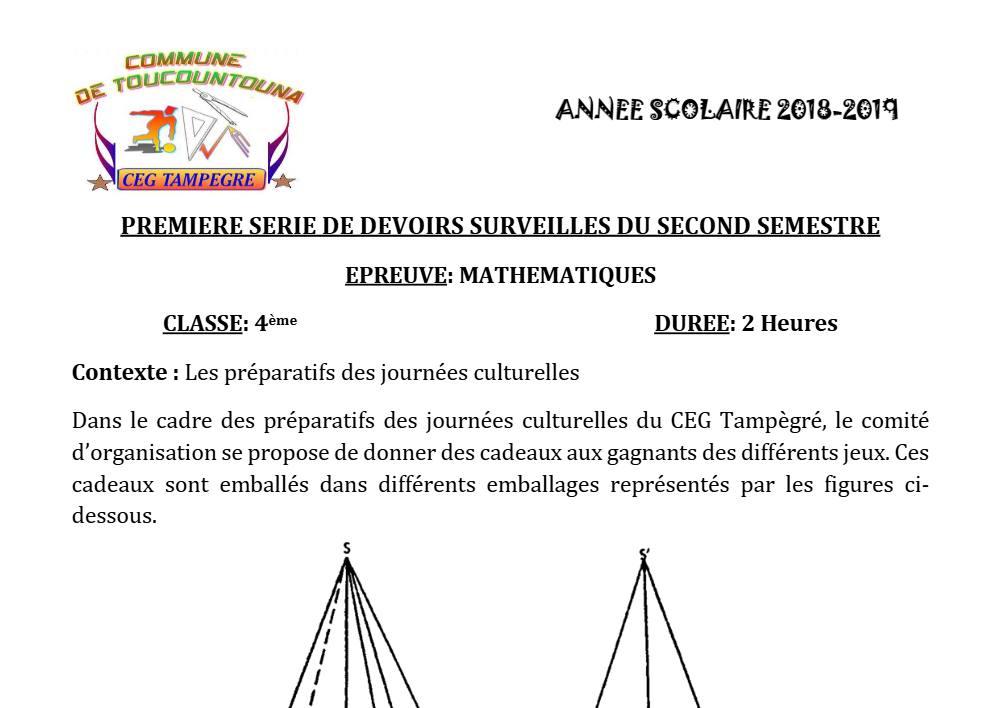 Aperçu de la première page — 4e Mathématiques 1er Devoir 2ème Semestre CEG Tampegre 2018 2019
