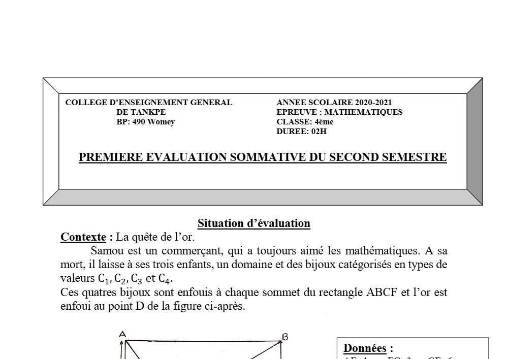 Aperçu de la première page — 4e Mathématiques 1er Devoir 2ème Semestre CEG Tankpè 2020 2021