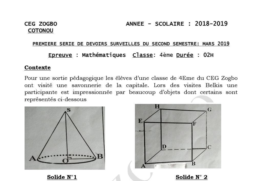 Aperçu de la première page — 4e Mathématiques 1er Devoir 2ème Semestre CEG Zogbo 2018 2019