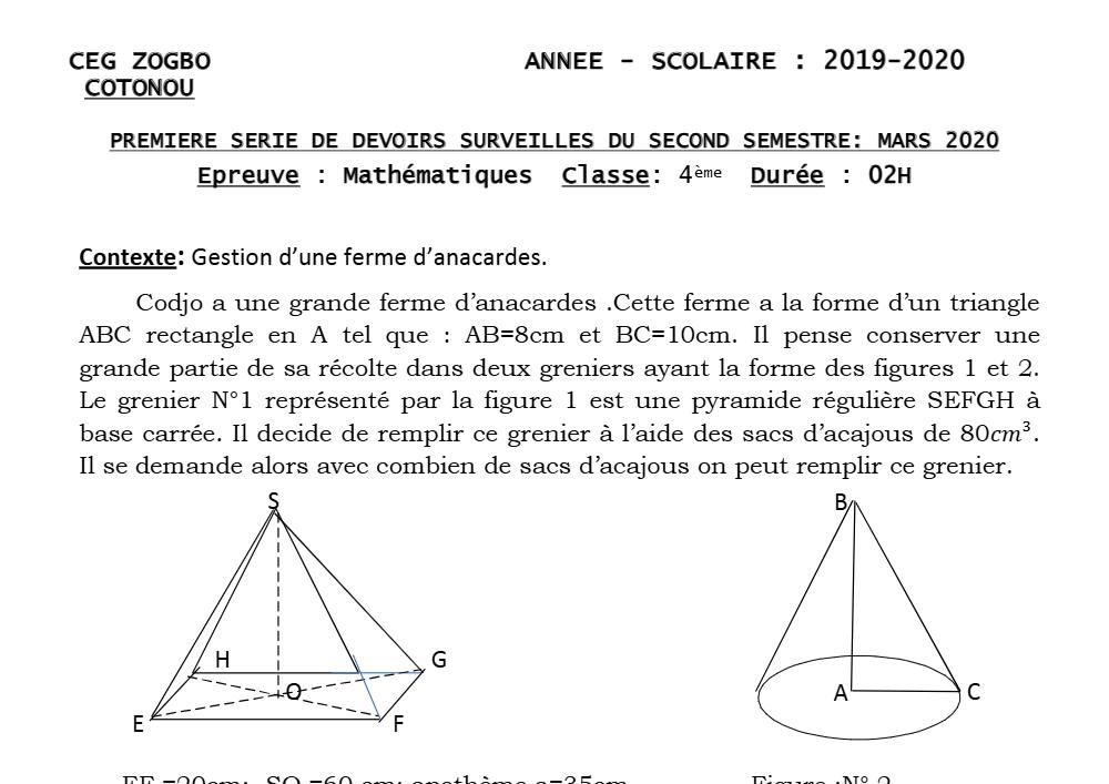 Aperçu de la première page — 4e Mathématiques 1er Devoir 2ème Semestre CEG Zogbo 2019 2020
