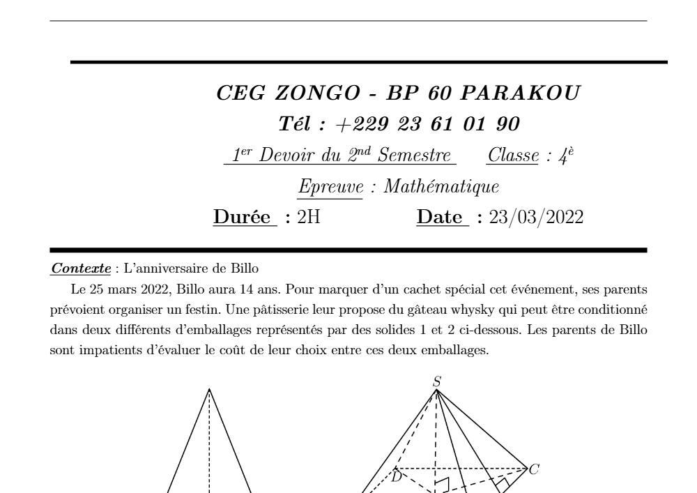 Aperçu de la première page — 4e Mathématiques 1er Devoir 2ème Semestre CEG Zongo 2021 2022
