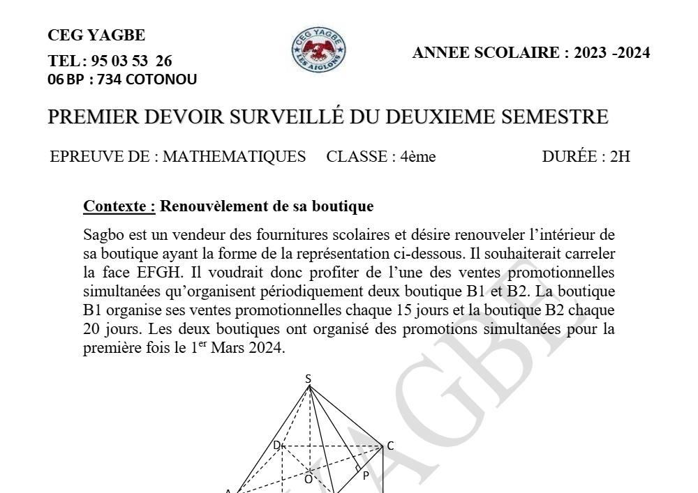 Aperçu de la première page — 4e Mathématiques 1er Devoir 2ème Semestre de CEG Yagbe 2023 2024
