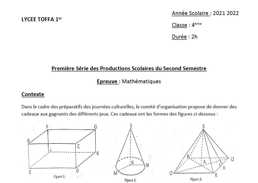 Aperçu de la première page — 4e Mathématiques 1er Devoir 2ème Semestre Lycée Toffa 2021 2022