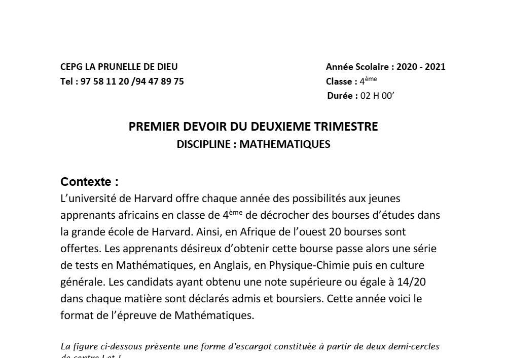 Aperçu de la première page — 4e Mathématiques 1er Devoir 2ème Trimestre CPEG La Prunelle de Dieu 2020 2021