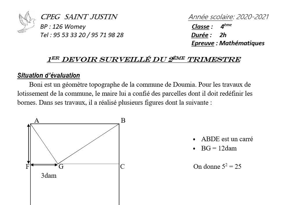 Aperçu de la première page — 4e Mathématiques 1er Devoir 2ème Trimestre CPEG Saint Justin 2020 2021
