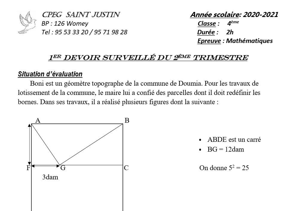 Aperçu de la première page — 4e Mathématiques 1er Devoir 2ème Trimestre CPEG Saint Justin 2021