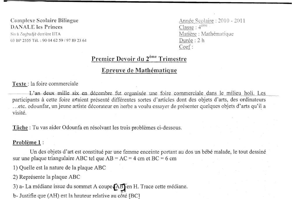 Aperçu de la première page — 4e Mathématiques 1er Devoir 2ème Trimestre Csb Danale Les Princes 2010 2011 2010 2011