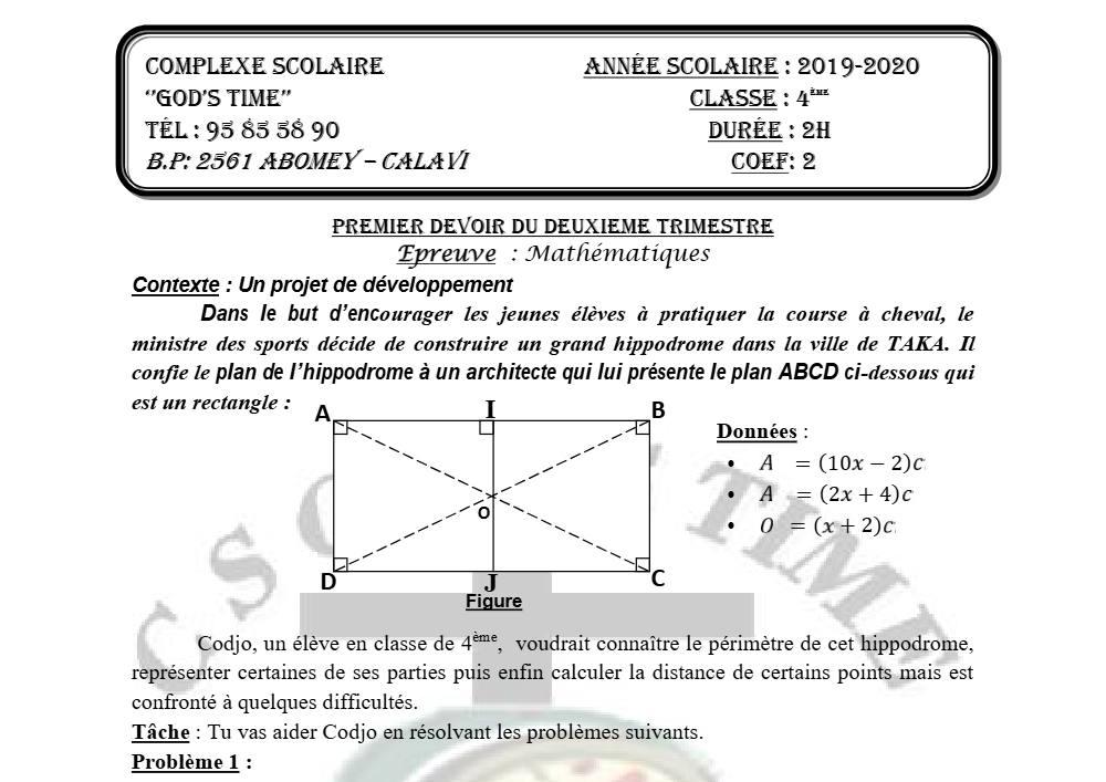 Aperçu de la première page — 4e Mathématiques 1er Devoir 2ème Trimestre CS God'S Time 2019 2020