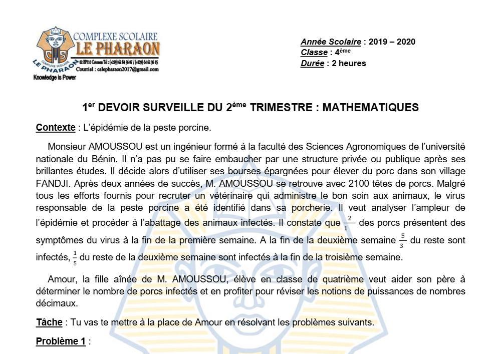 Aperçu de la première page — 4e Mathématiques 1er Devoir 2ème Trimestre CS Le Pharaon 2019 2020