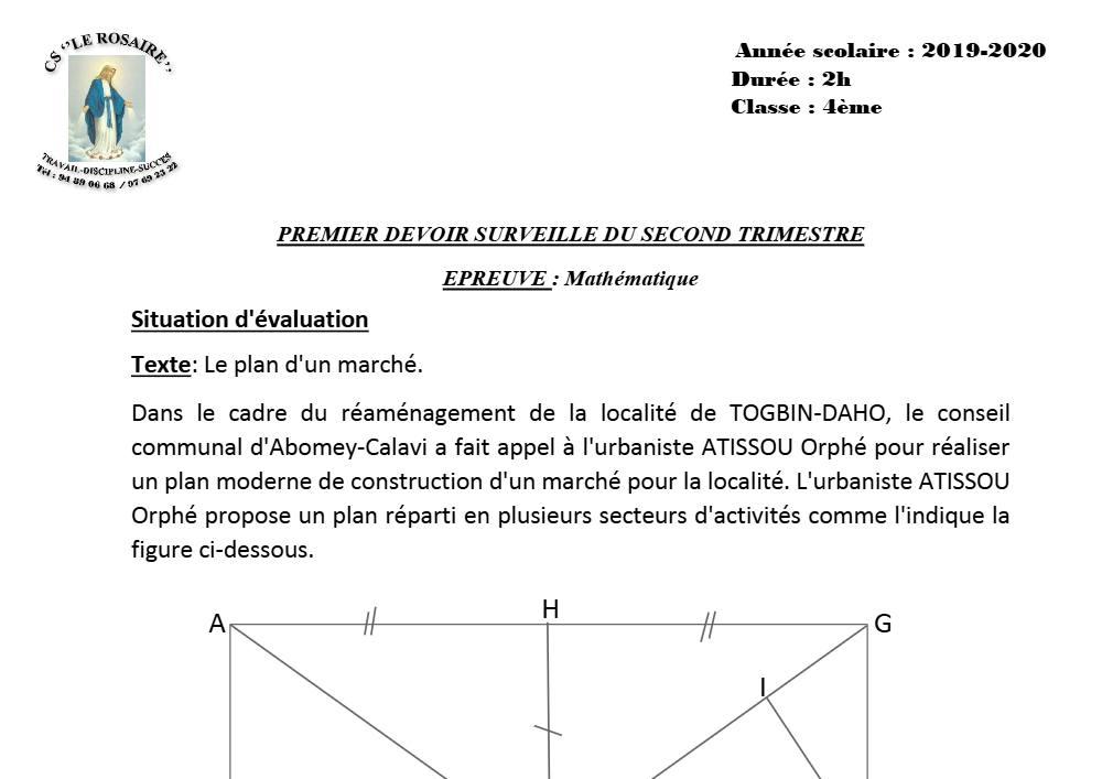 Aperçu de la première page — 4e Mathématiques 1er Devoir 2ème Trimestre CS Le Rosaire 2019 2020