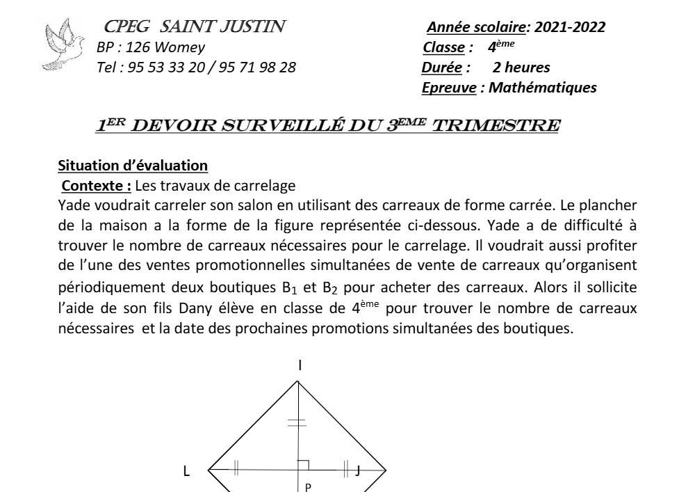 Aperçu de la première page — 4e Mathématiques 1er Devoir 3ème Trimestre CPEG Saint Justin 2021 2022