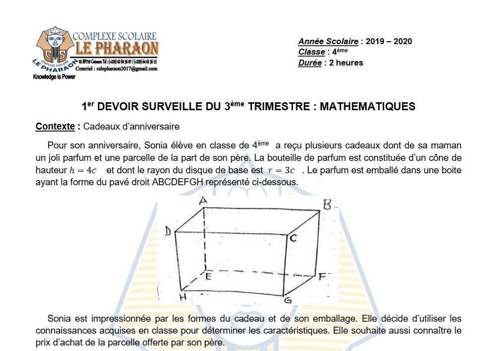 Aperçu de la première page — 4e Mathématiques 1er Devoir 3ème Trimestre CS Le Pharaon 2019 2020