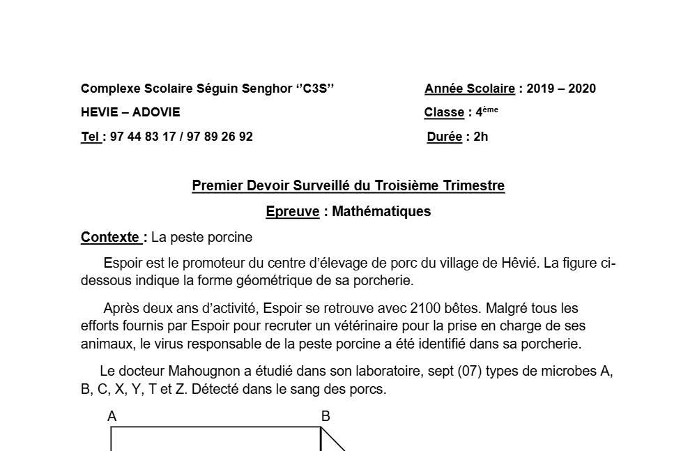 Aperçu de la première page — 4e Mathématiques 1er Devoir 3ème Trimestre CS Séguin Senghor 2019 2020