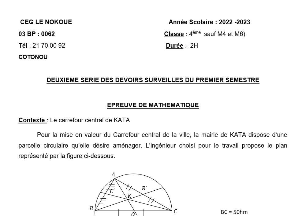 Aperçu de la première page — 4e Mathématiques 2ème Devoir 1er Semestre , CEG Le Nokoué 2022 2023