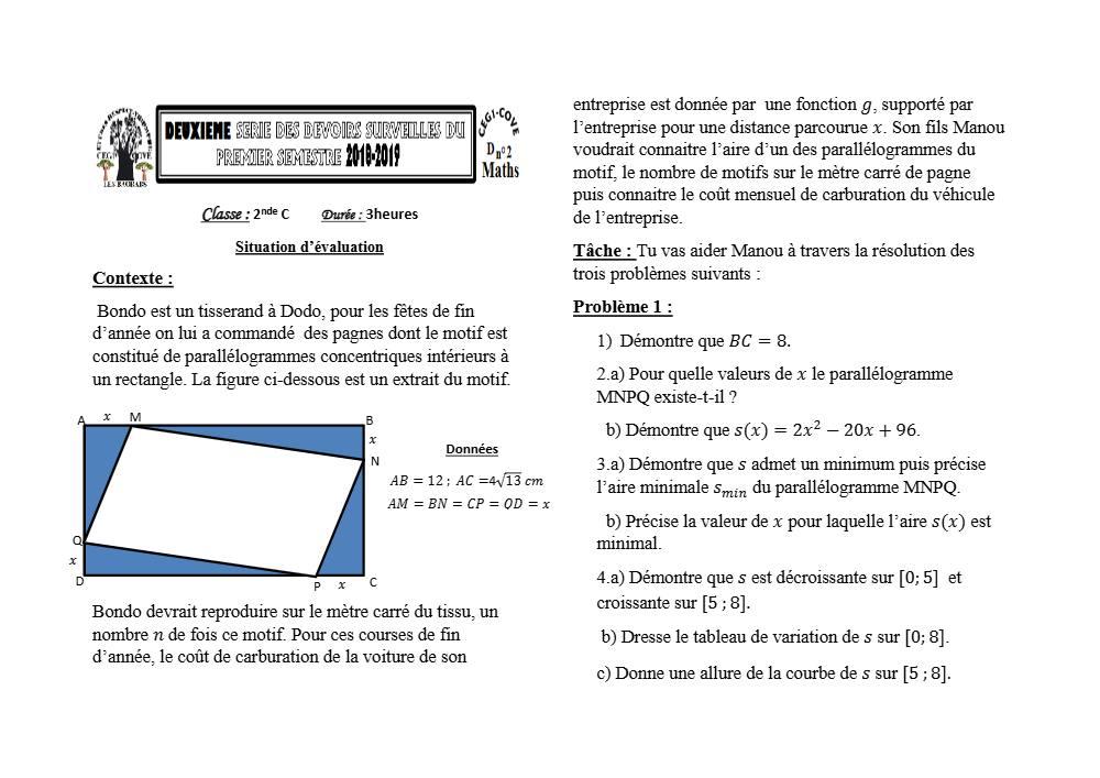 Aperçu de la première page — 4e Mathématiques 2ème Devoir 1er Semestre 3ème CEG1 Cove 2018 2019