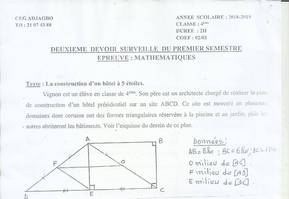 Aperçu de la première page — 4e Mathématiques 2ème Devoir 1er Semestre CEG Adjagbo 2018 2019