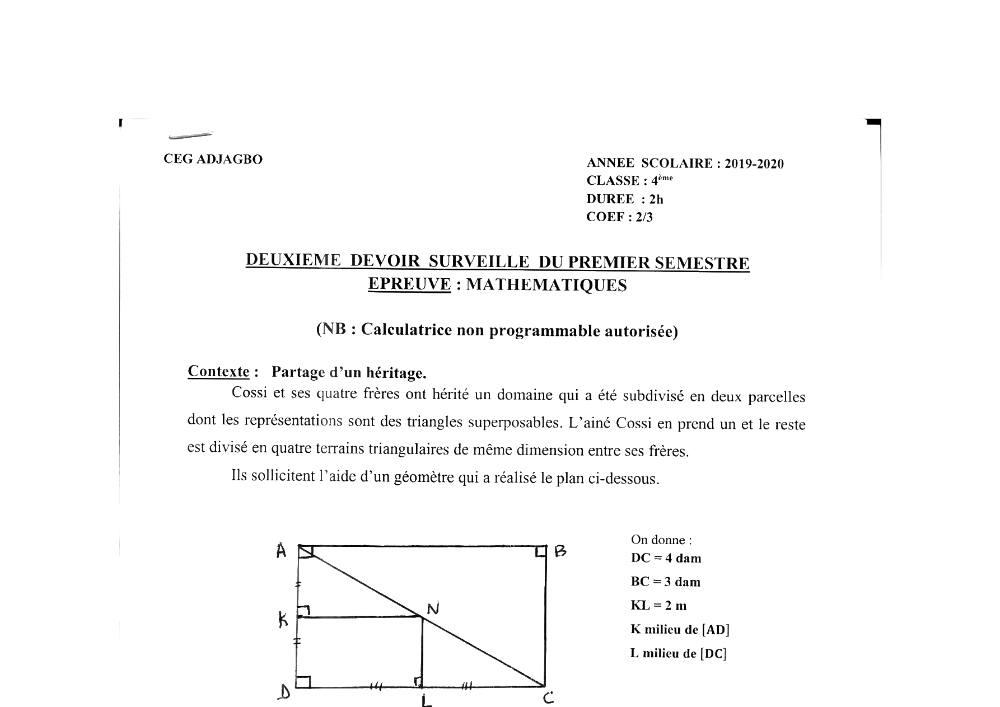 Aperçu de la première page — 4e Mathématiques 2ème Devoir 1er Semestre CEG Adjagbo 2019 2020