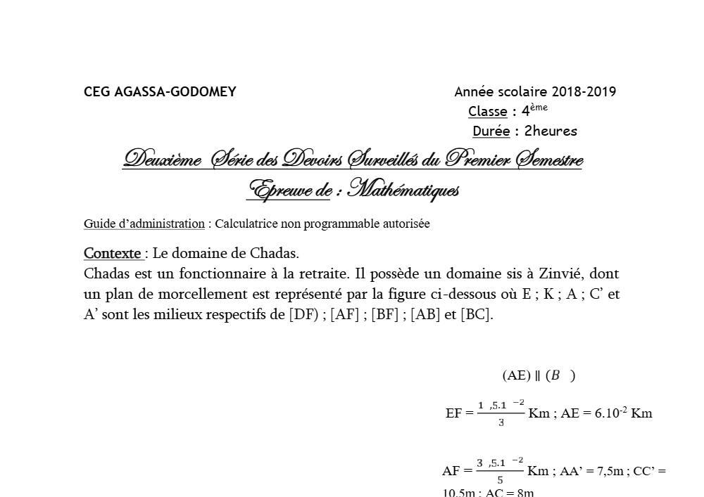 Aperçu de la première page — 4e Mathématiques 2ème Devoir 1er Semestre CEG Agassa Godomey 2018 2019