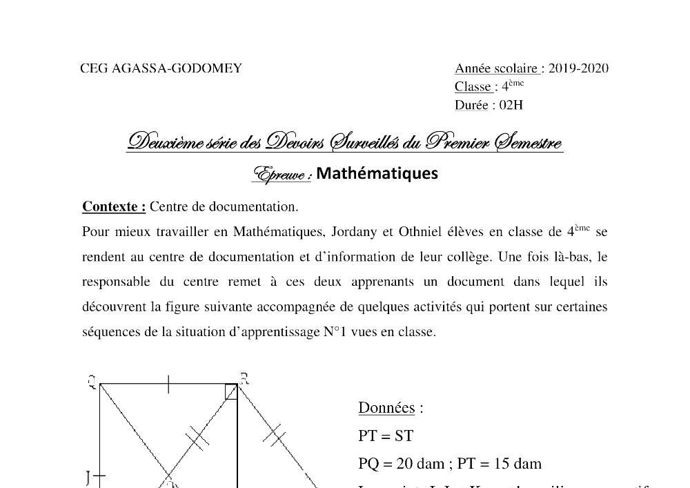 Aperçu de la première page — 4e Mathématiques 2ème Devoir 1er Semestre CEG Agassa Godomey 2019 2020