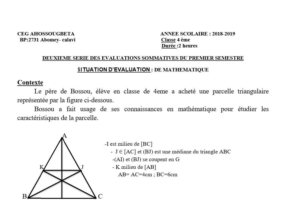 Aperçu de la première page — 4e Mathématiques 2ème Devoir 1er Semestre CEG Ahossougbéta 2018 2019