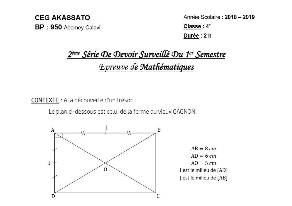 Aperçu de la première page — 4e Mathématiques 2ème Devoir 1er Semestre CEG Akassato 2018 2019