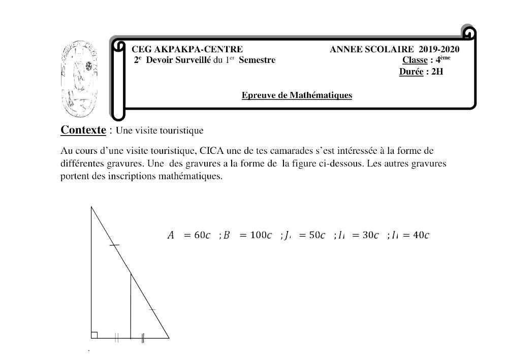 Aperçu de la première page — 4e Mathématiques 2ème Devoir 1er Semestre CEG Akpakpa 2019 2020