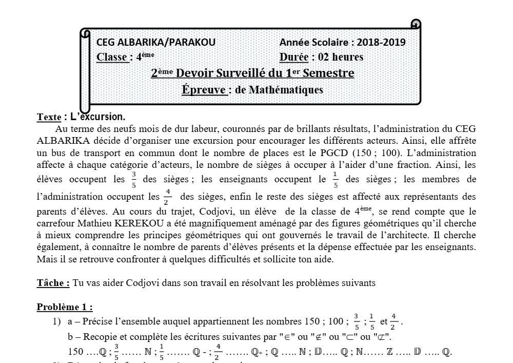 Aperçu de la première page — 4e Mathématiques 2ème Devoir 1er Semestre CEG Albarika 2018 2019