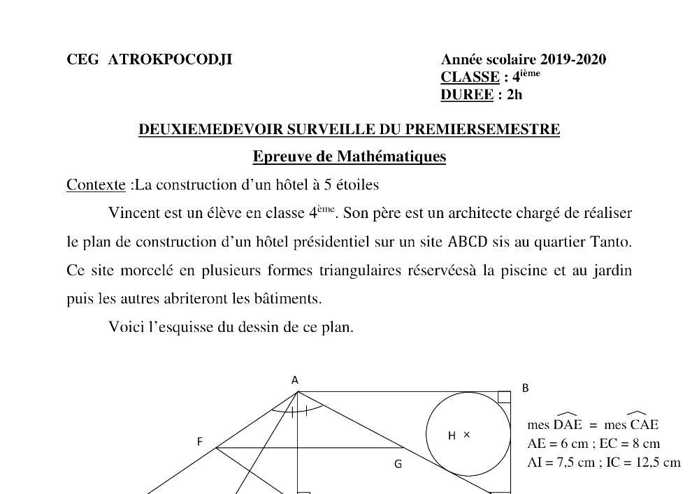 Aperçu de la première page — 4e Mathématiques 2ème Devoir 1er Semestre CEG Atrokpocodji 2019 2020