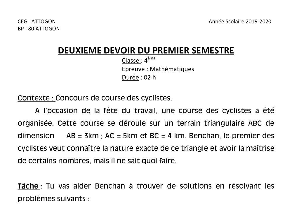 Aperçu de la première page — 4e Mathématiques 2ème Devoir 1er Semestre CEG Attogon 2019 2020