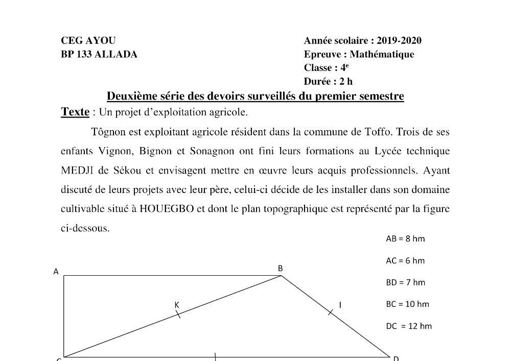 Aperçu de la première page — 4e Mathématiques 2ème Devoir 1er Semestre CEG Ayou 2019 2020