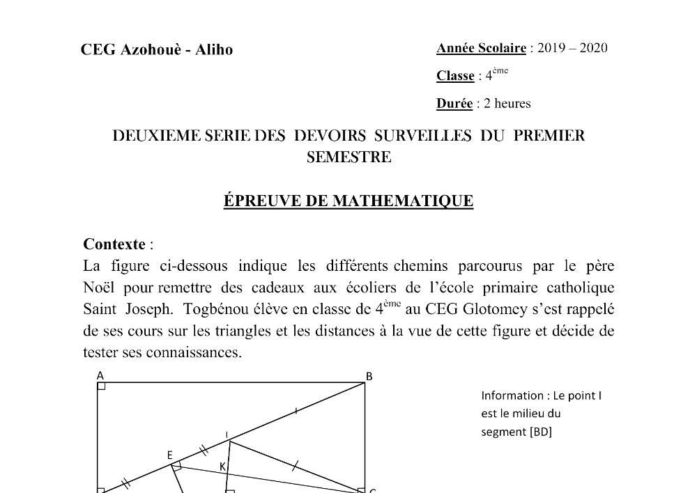 Aperçu de la première page — 4e Mathématiques 2ème Devoir 1er Semestre CEG Azohoue Aliho 2019 2020
