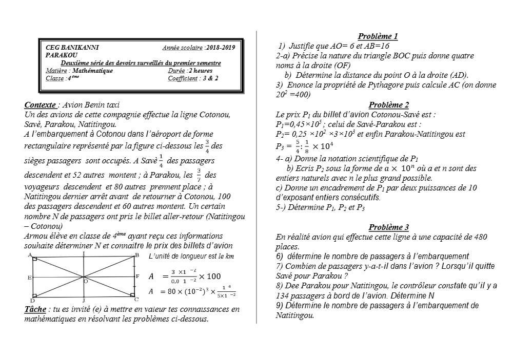 Aperçu de la première page — 4e Mathématiques 2ème Devoir 1er Semestre CEG Banikanni 2018 2019