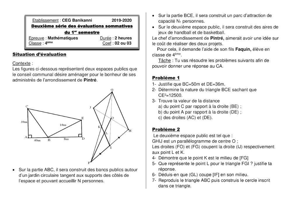 Aperçu de la première page — 4e Mathématiques 2ème Devoir 1er Semestre CEG Banikanni 2019 2020