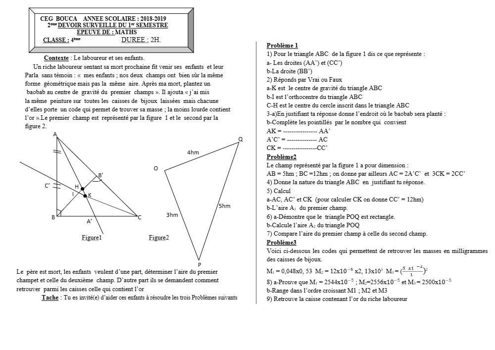 Aperçu de la première page — 4e Mathématiques 2ème Devoir 1er Semestre CEG Bouca 2018 2019