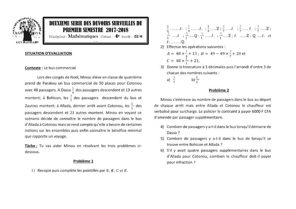 Aperçu de la première page — 4e Mathématiques 2ème Devoir 1er Semestre CEG Cove 2017 2018