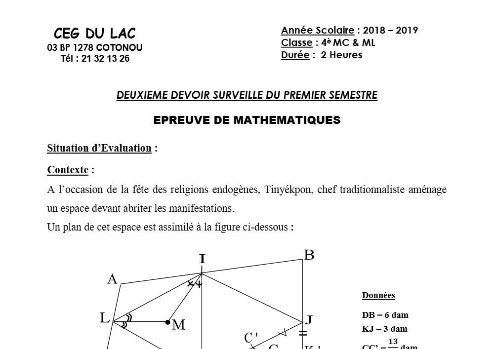 Aperçu de la première page — 4e Mathématiques 2ème Devoir 1er Semestre CEG du Lac 2018 2019