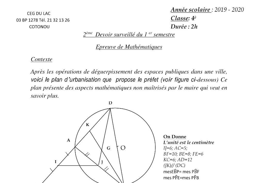 Aperçu de la première page — 4e Mathématiques 2ème Devoir 1er Semestre CEG du Lac 2019 2020