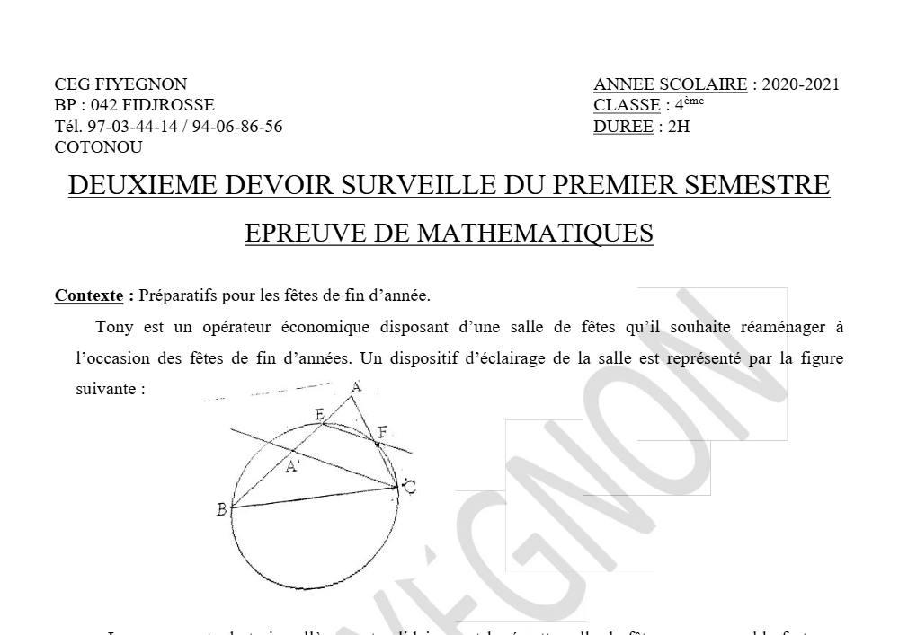 Aperçu de la première page — 4e Mathématiques 2ème Devoir 1er Semestre CEG Fiyegnon 2020 2021