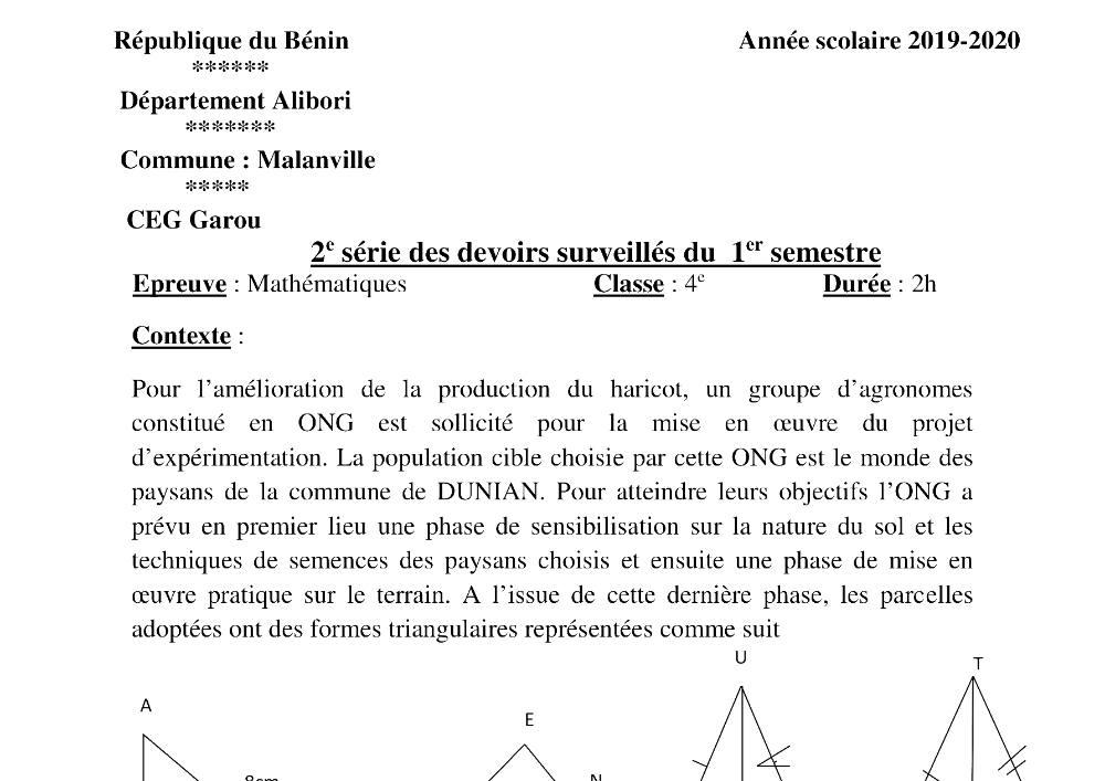 Aperçu de la première page — 4e Mathématiques 2ème Devoir 1er Semestre CEG Garou 2019 2020