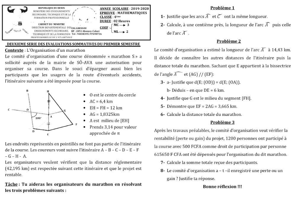 Aperçu de la première page — 4e Mathématiques 2ème Devoir 1er Semestre CEG Gbessou 2019 2020