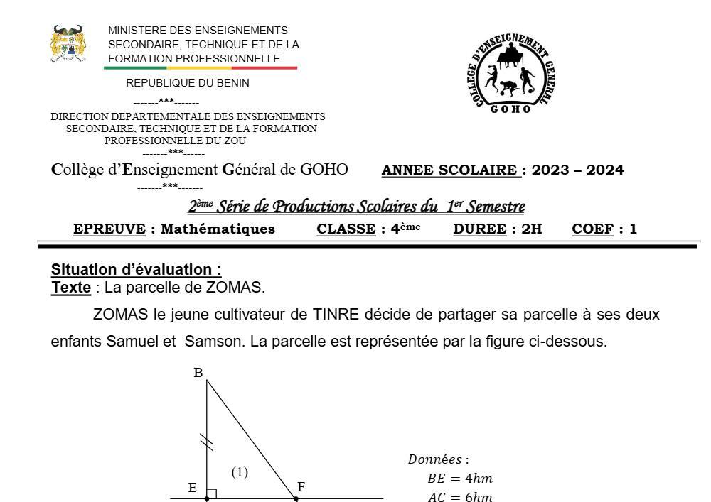 Aperçu de la première page — 4e Mathématiques 2ème Devoir 1er Semestre CEG Goho Abomey 2023 2024