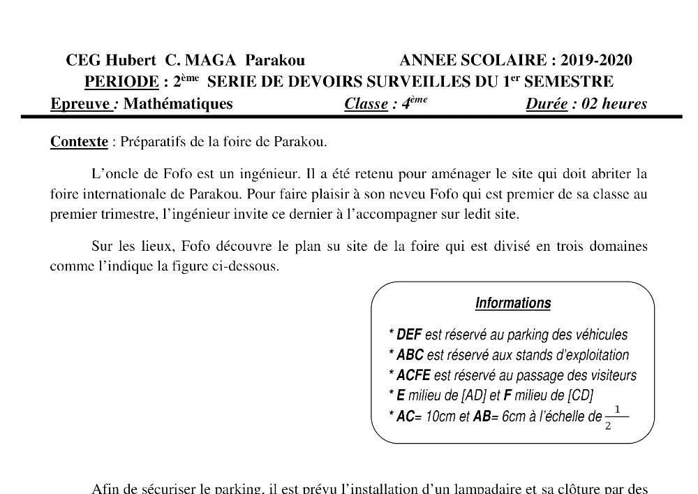 Aperçu de la première page — 4e Mathématiques 2ème Devoir 1er Semestre CEG Hubert C Maga 2019 2020